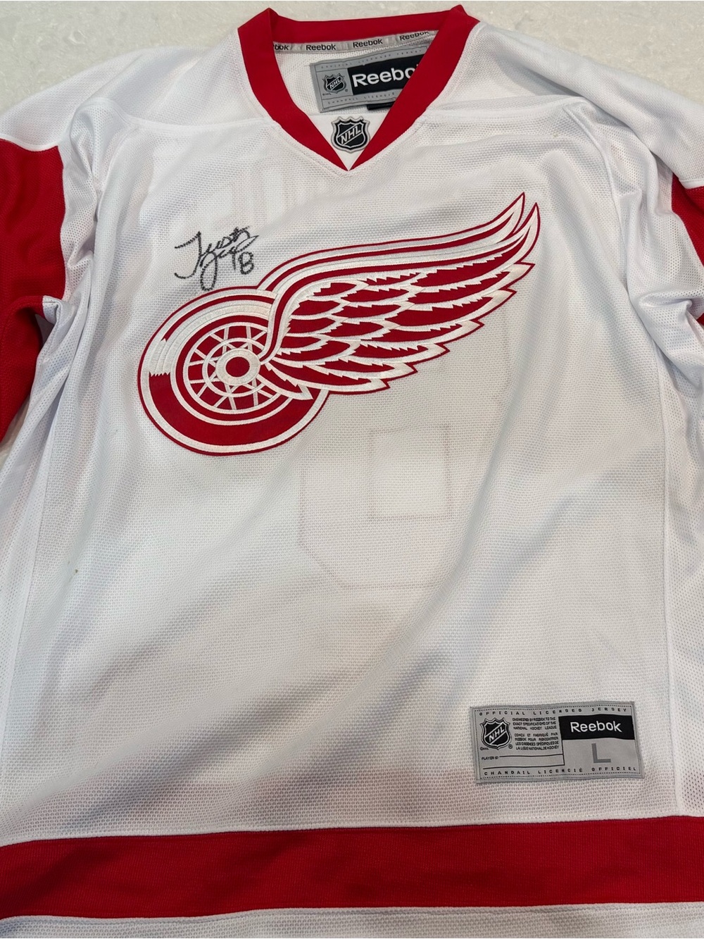 Reebok White and Red Detroit Wings Hockey Jersey - Autographed